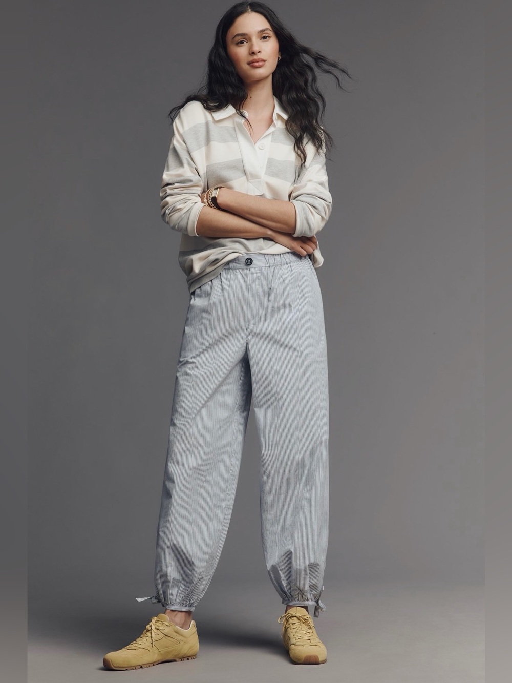 NWT Anthropologie Maeve Cotton Balloon Pants Blue Stripe High Rise, Size L